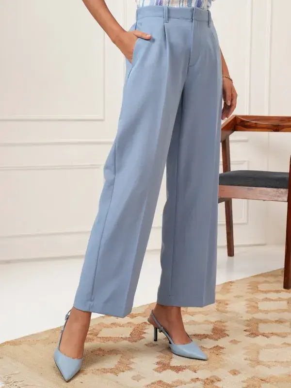 Tokyo Talkies Women's Blue Solid Pleated Straight Formal Trousers
