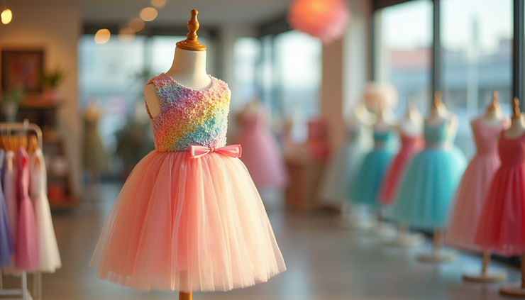 Eye-level view of a colorful kids birthday dress displayed on a mannequin in a bright boutique