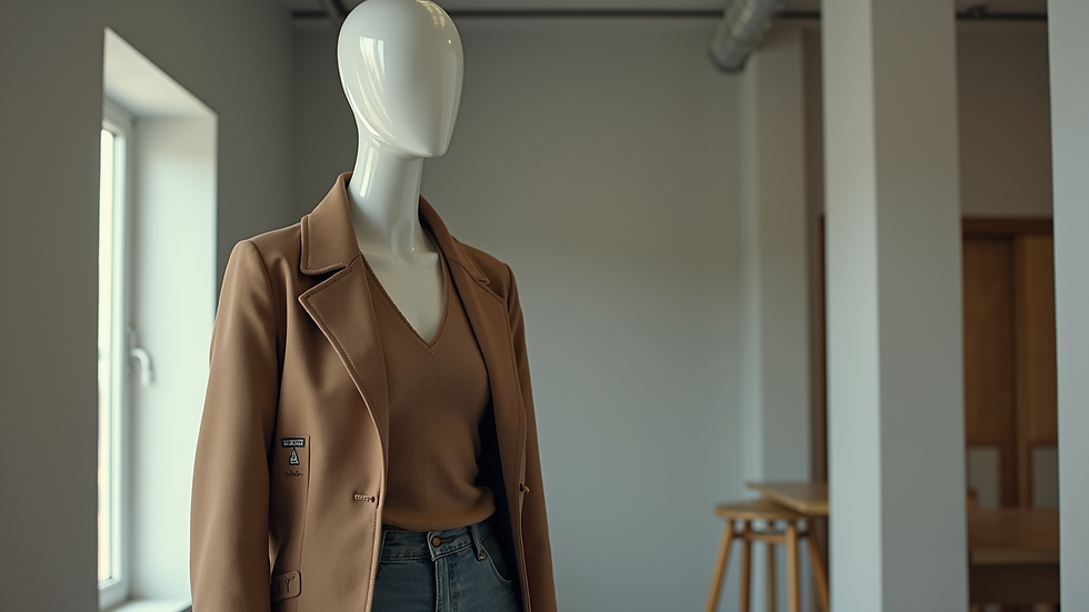 High angle view of a stylishly layered outfit on a mannequin.