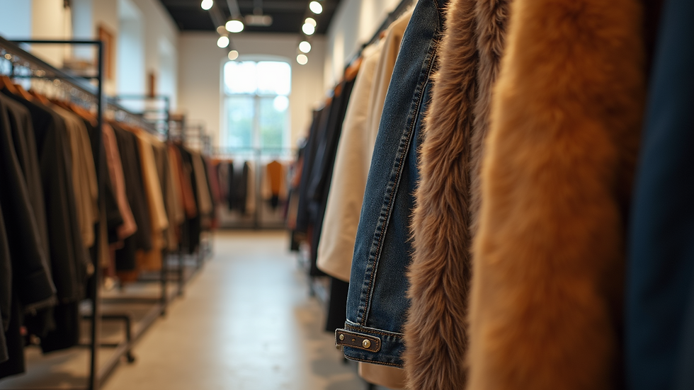 Eye-level view of seasonal fashion clothing racks in a trendy boutique