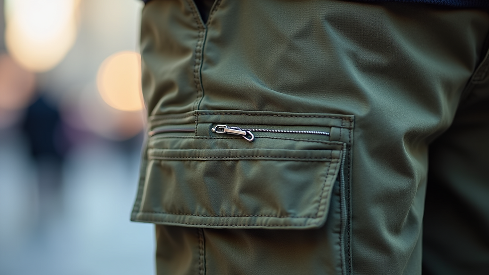 Close-up view of cargo shorts pocket with zipper