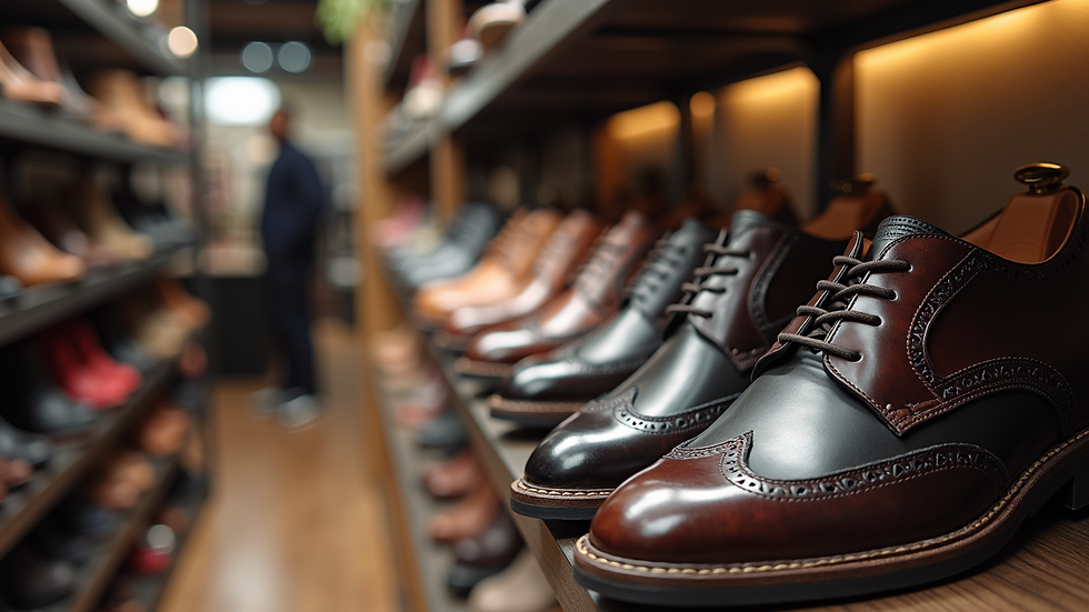 High angle view of branded men's shoes displayed in a store