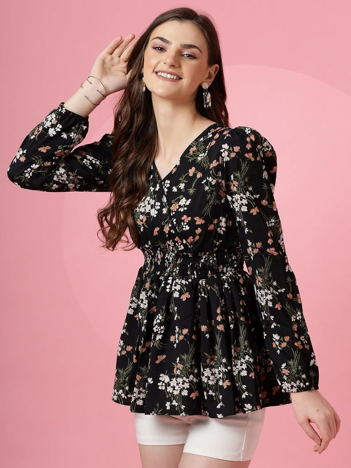 Women's Floral Puff Sleeves Peplum Top