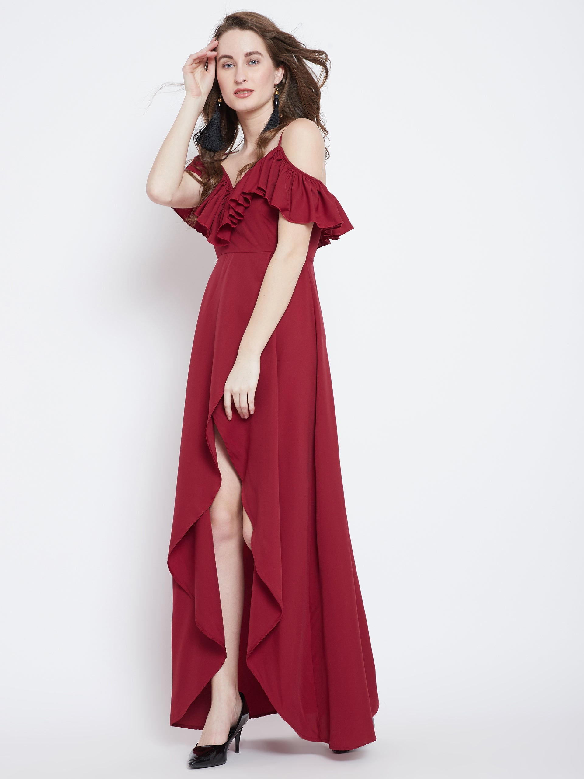 Red Solid V-Neck Maxi Dress