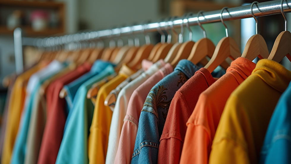 Eye-level view of a colorful vintage clothing rack