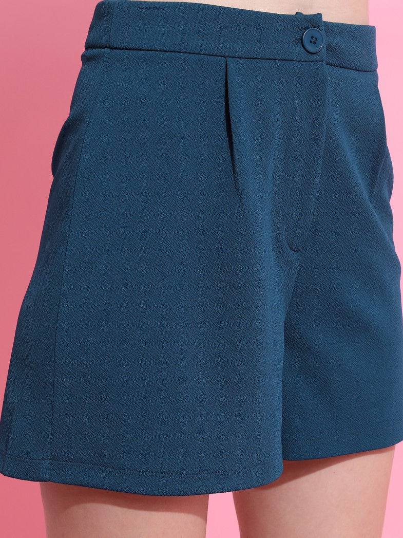 Tokyo Talkies Solid Women Blue Casual Shorts