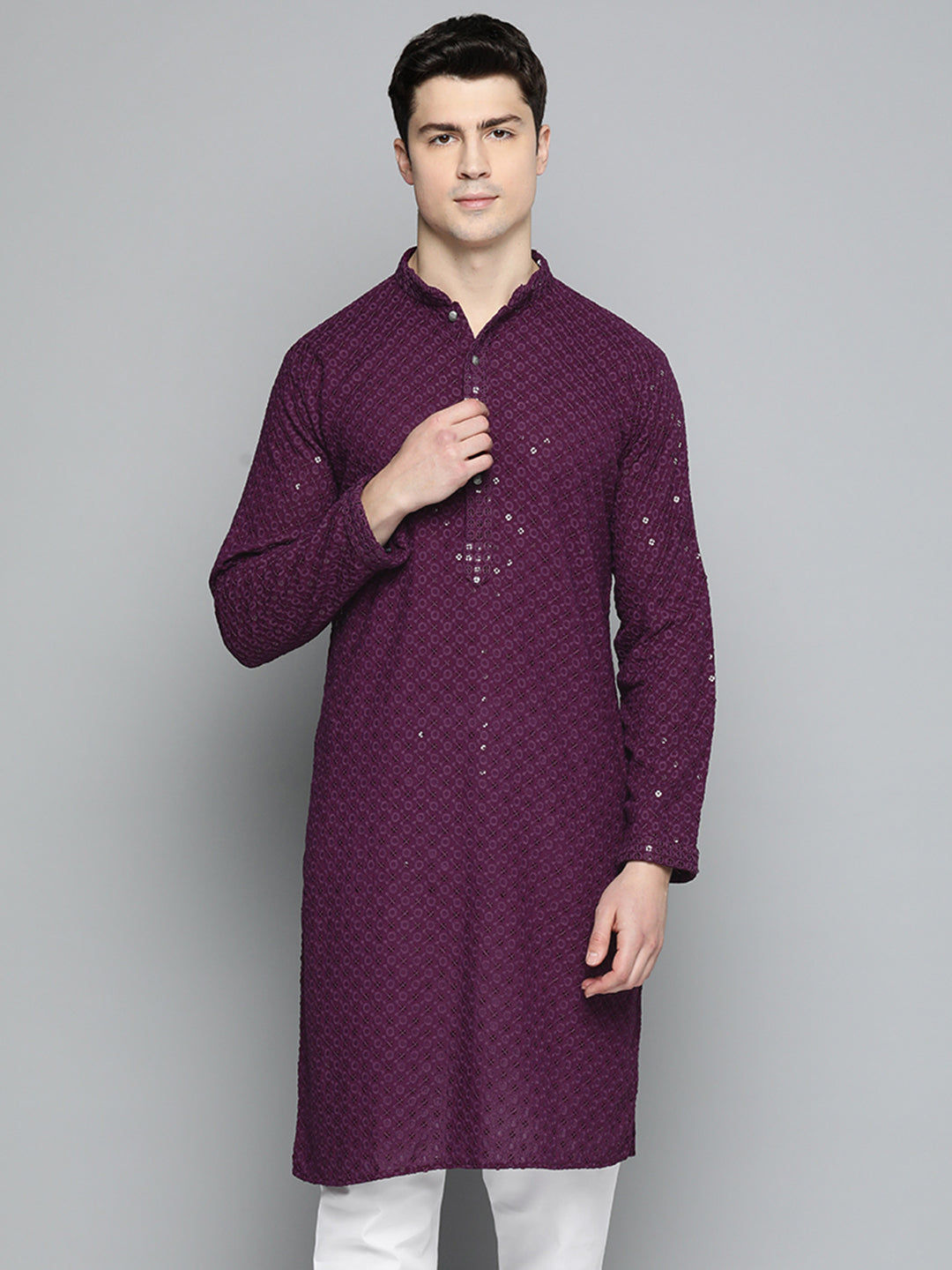 Men Chikankari Embroidered and Sequence Kurta Only