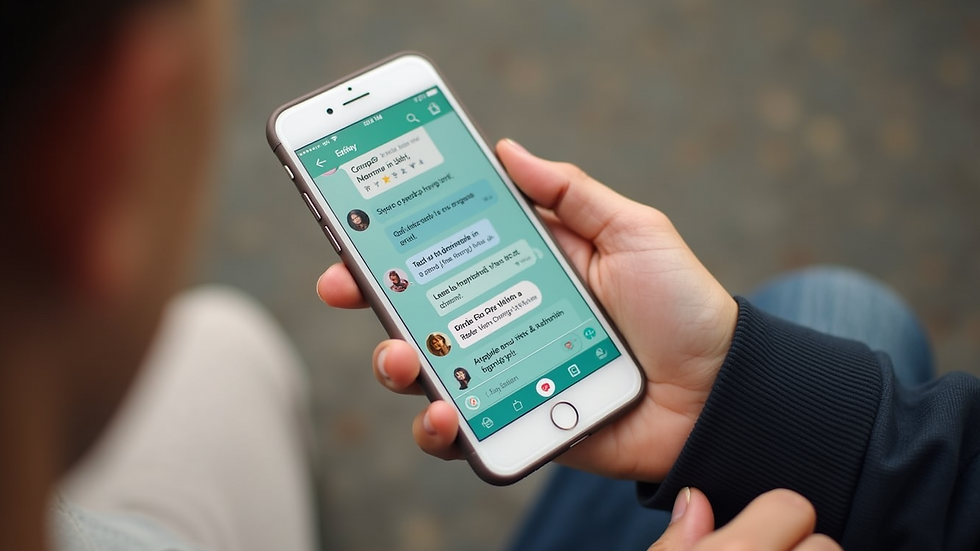 High angle view of a smartphone displaying a group chat about fashion deals