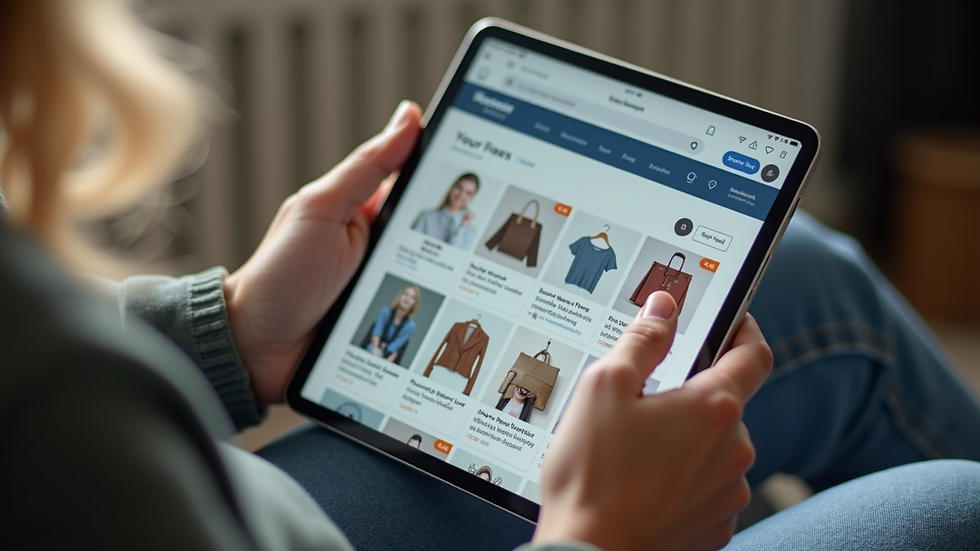 High angle view of a person using a tablet to browse deals on a social shopping platform