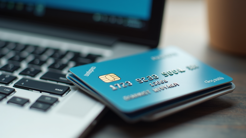 High angle view of a credit card and laptop keyboard on a desk