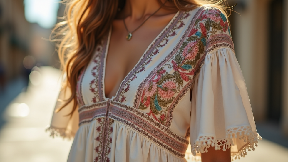 Close-up view of a flowing bohemian dress with intricate embroidery