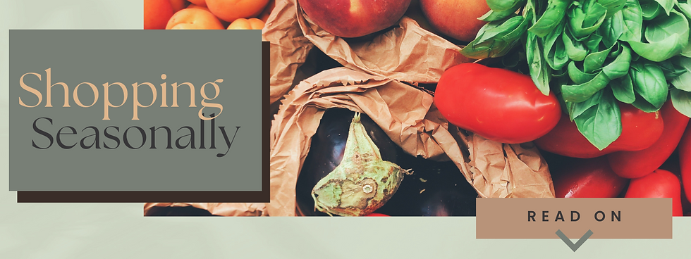 Image of brown shopping bags with colourful produce. Text overlay "Shopping Seasonally; Read on"