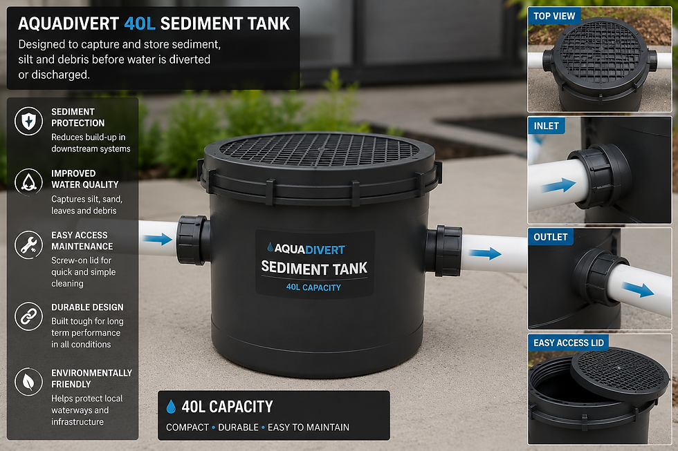 AquaDivert 40L sediment tank capturing sediment before water enters the drain