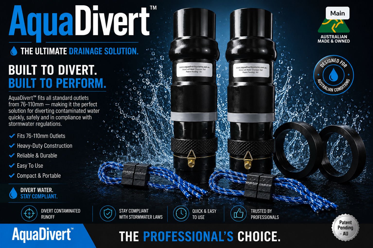 2xAquaDivert® Core System . Adjustable water diverting tool for 76-110mm outlets