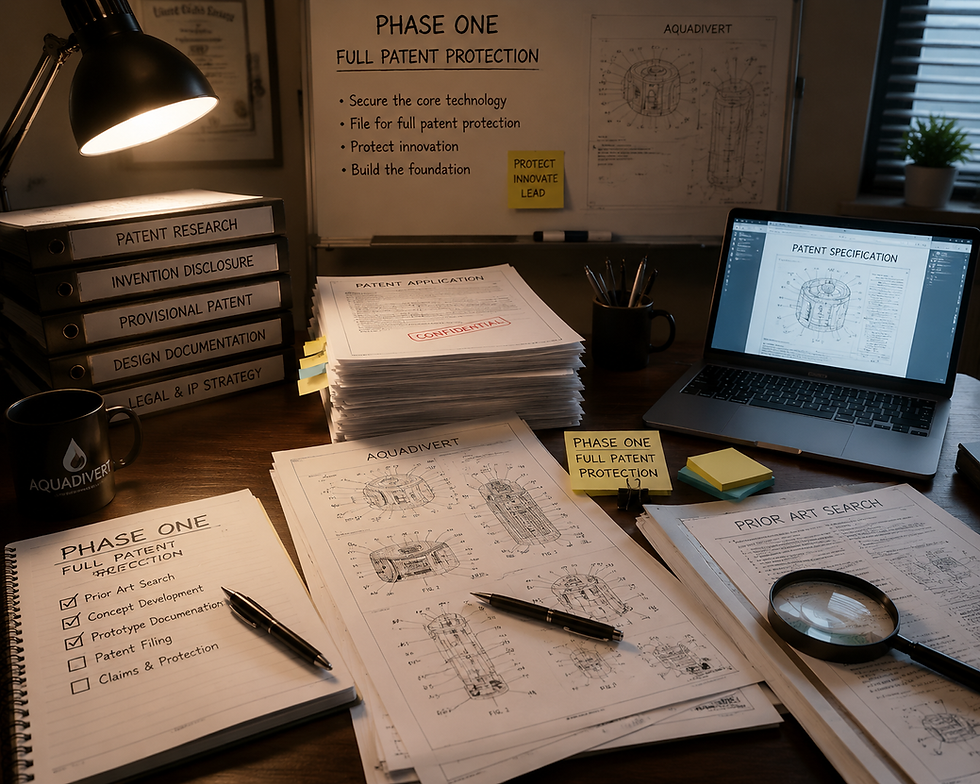 AquaDivert patent documentation and product design drawings