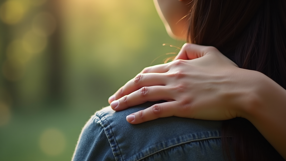 Close-up view of a comforting hand on a shoulder