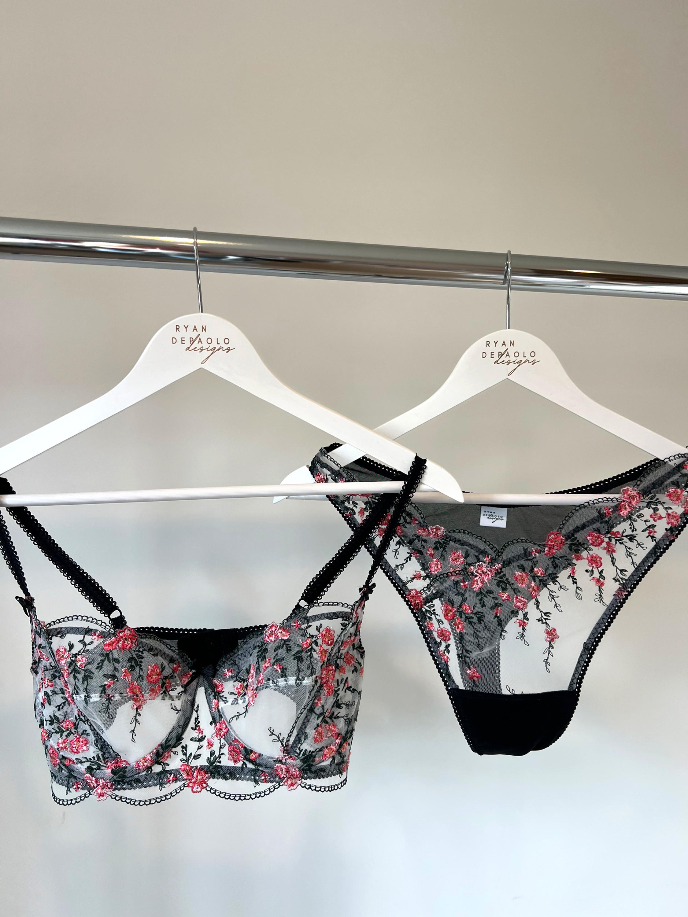 Pink and Black Floral Embroidered Bra and Panty set
