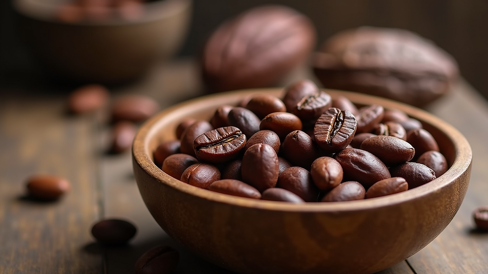 Close-up view of heirloom cacao beans in a wooden bowl