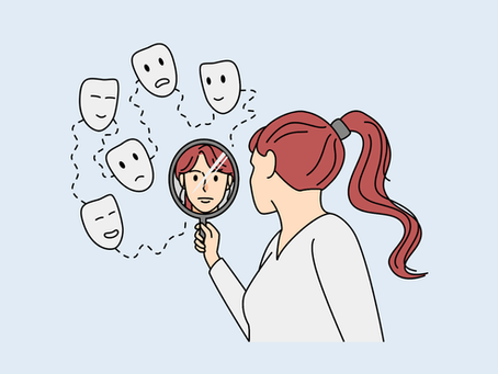 Illustration of a person looking into a hand mirror surrounded by different facial expressions, symbolizing self-reflection, identity exploration, and anxiety during the journey of self-discovery.