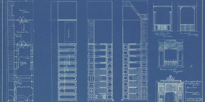 Titel_ Verbouwing van Damrak 70 voor de firma C.J. Boele. Ontwerptekening in blauwdruk met