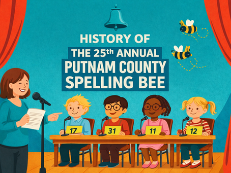 Flat illustration of a school spelling bee competition representing the history of The 25th Annual Putnam County Spelling Bee musical