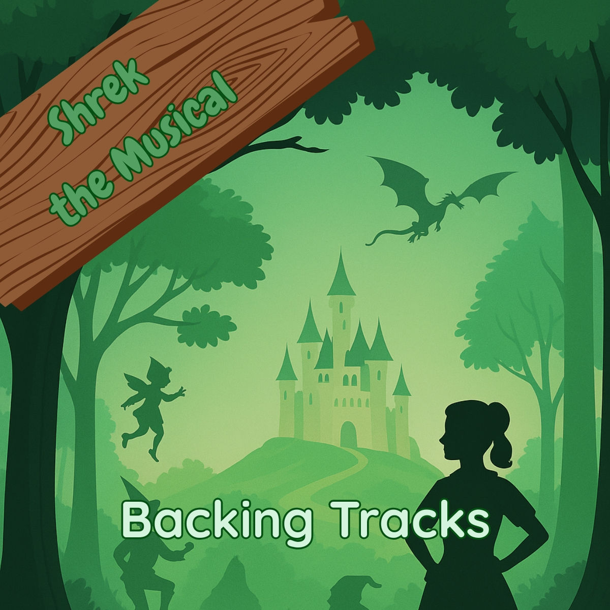 Shrek the Musical graphic with forest, castle, and dragon silhouette