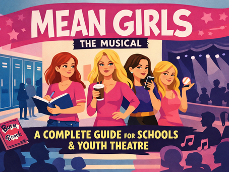 Flat 2D digital illustration for a blog about Mean Girls the Musical. Four teenage girls stand confidently in a high school corridor