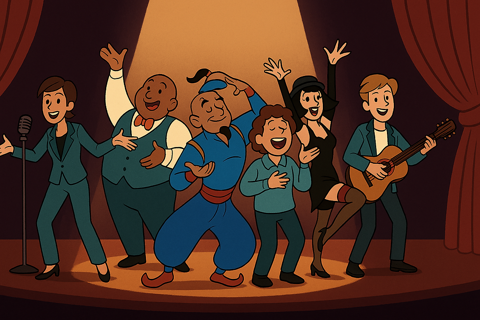 2D digital illustration of six musical theatre characters on stage mid-performance, each representing a different iconic showstopper moment.