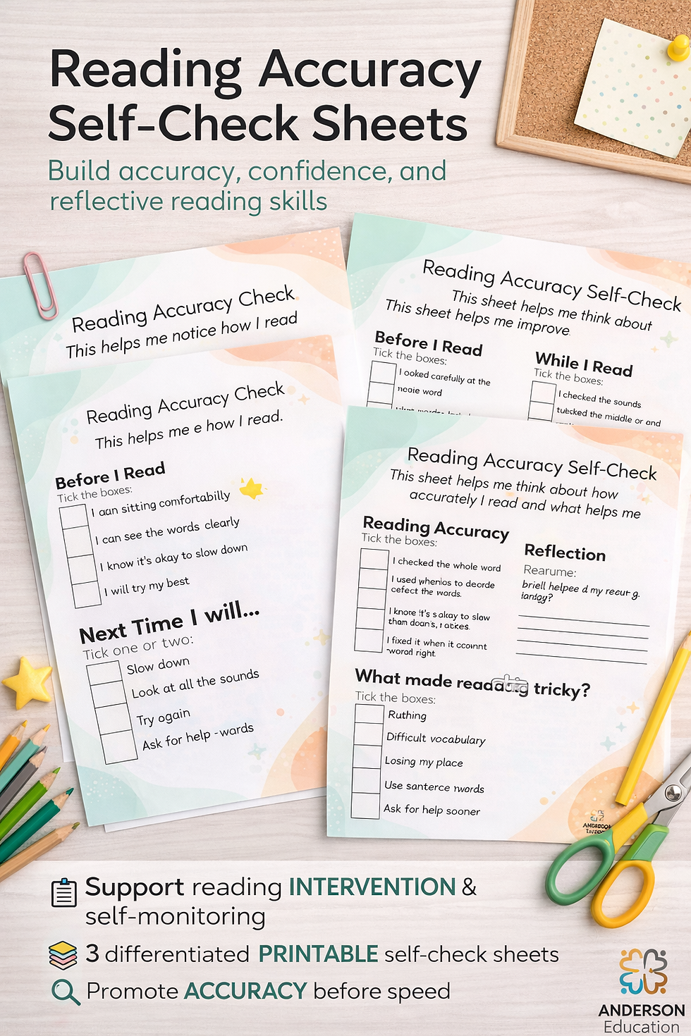Reading Accuracy Self-Check Sheets showing Early, First and Second Level learner pages
