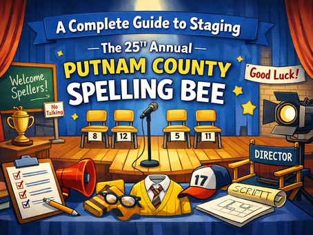 Flat illustration of a theatre stage setup for staging The 25th Annual Putnam County Spelling Bee musical with microphones, chairs, and directing tools