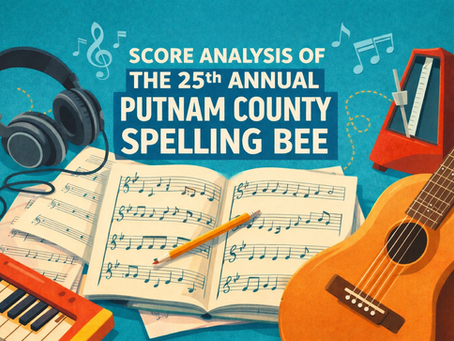 Flat illustration of musical score and instruments representing the score analysis of The 25th Annual Putnam County Spelling Bee musical