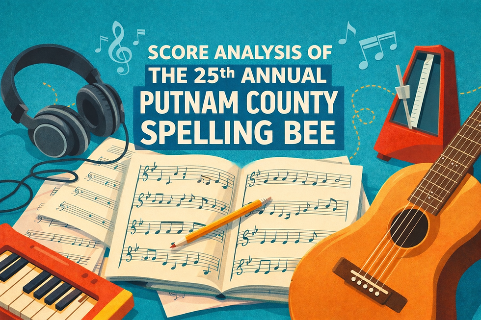 Flat illustration of musical score and instruments representing the score analysis of The 25th Annual Putnam County Spelling Bee musical