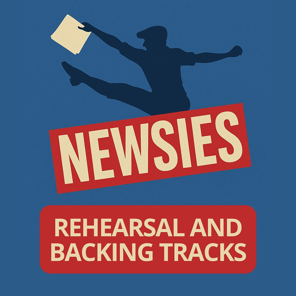 Newsies the Musical graphic with leaping newsboy and headline text
