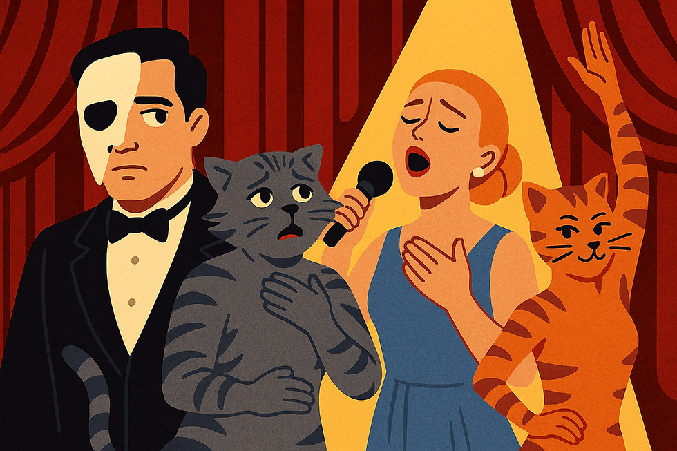 2D animation-style collage illustration of iconic Andrew Lloyd Webber musical characters.