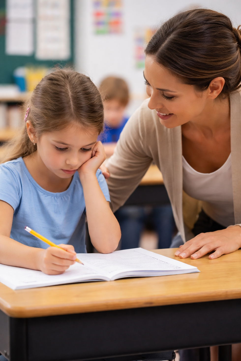 A primary-aged child working on a writing task at a classroom desk, with a teacher offering quiet support beside them.