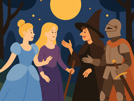 A flat, stylized digital illustration depicts four whimsical stage characters: a girl in a red cloak, a frog prince, a glamorous evil queen, and a fairy godmother. The background is a dreamy forest stage with twinkling lights and a theatrical curtain border.