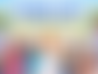 lat 2D digital illustration for a Mamma Mia! musical blog, set on a sunny Greek island with white buildings, blue sea, and palm trees.