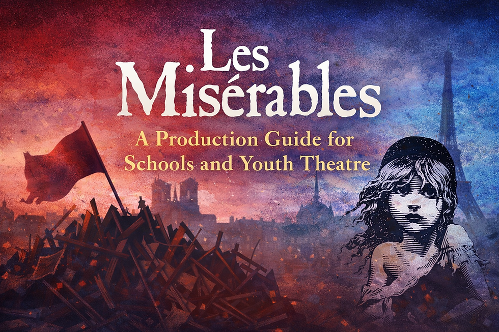 Les Misérables featuring a dramatic Paris skyline at sunset in deep red and blue tones