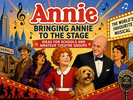 Colourful 2D pop art illustration inspired by Annie, featuring 1930s New York, Annie, Sandy and theatrical characters for a blog about staging Annie in schools and amateur theatre groups.