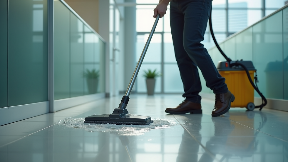 Close-up view of a janitor cleaning a commercial office floor with professional equipment