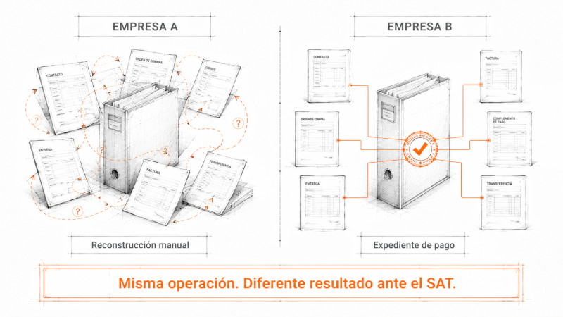 Plano arquitectónico comparativo entre dos empresas ante el mismo pago a proveedor. La empresa A muestra documentos dispersos con flechas sin dirección, representando reconstrucción manual. La empresa B muestra documentos conectados que convergen en un expediente de pago estructurado con sello naranja de trazabilidad.