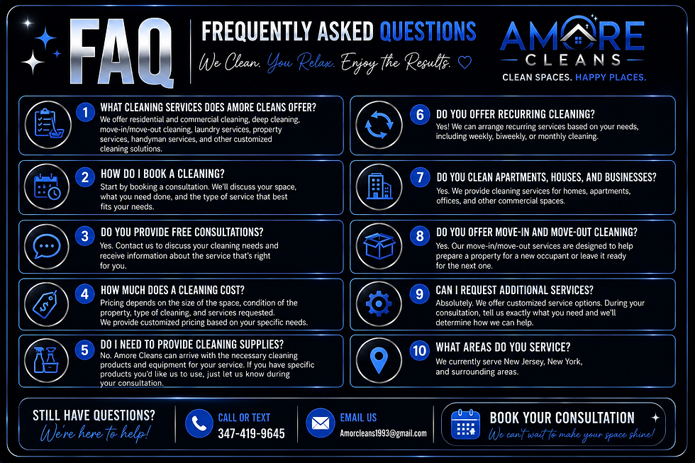 Wide FAQ banner for Amore Cleans with dark background, blue accents, and multiple question-and-answer panels