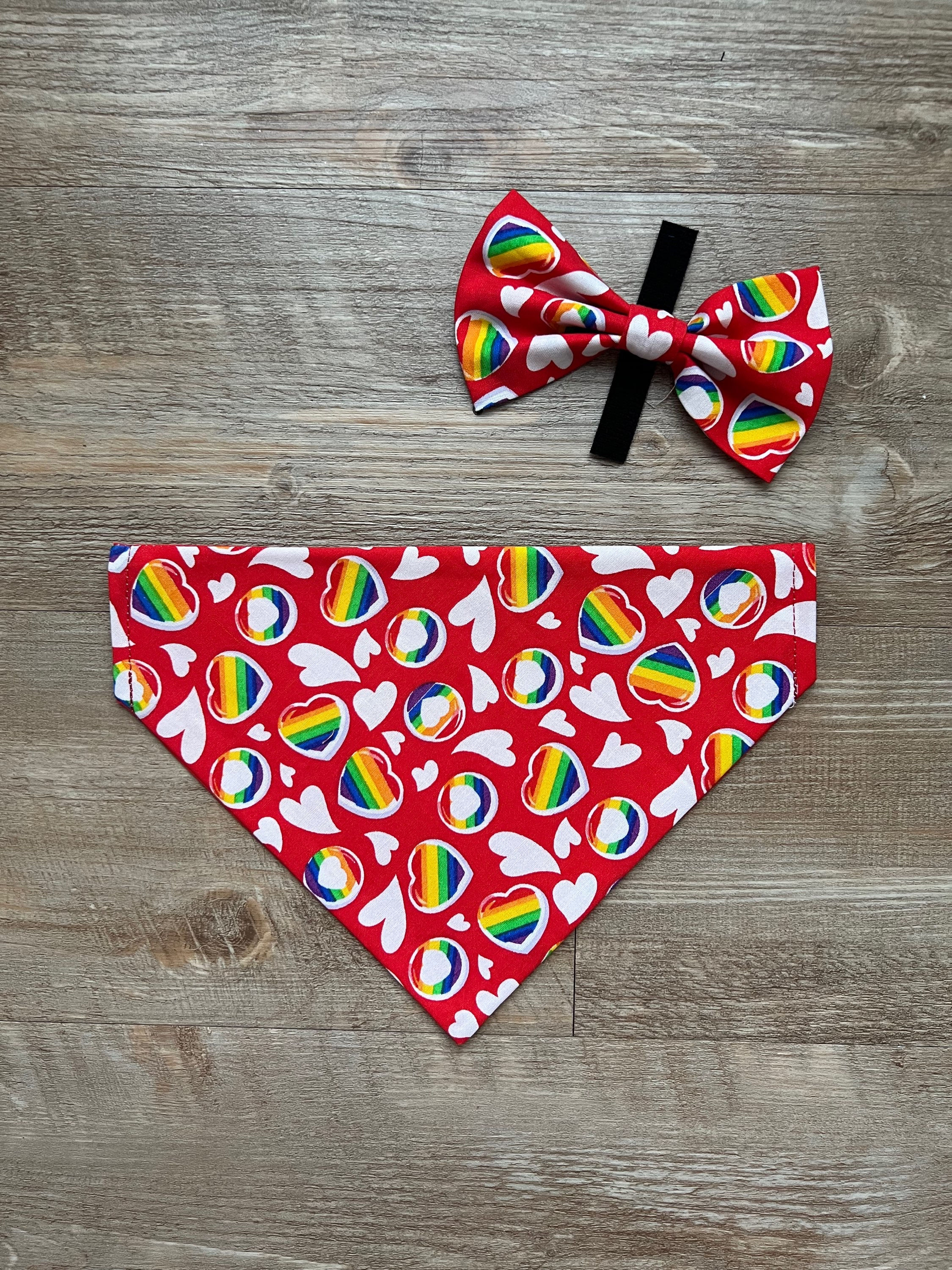 Rainbow Hearts Dog Bandana or Bow Tie