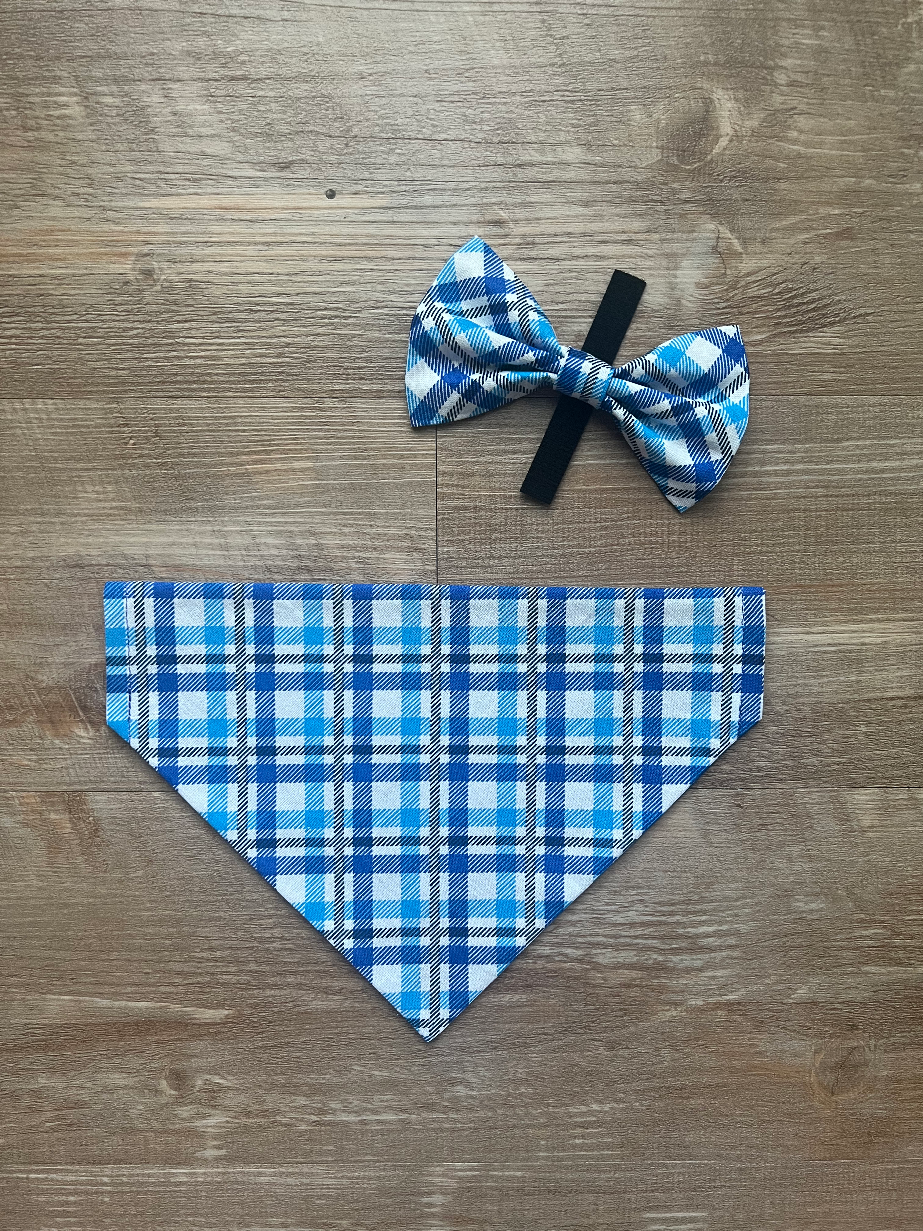 Blue Plaid Dog Bandana or Bow Tie