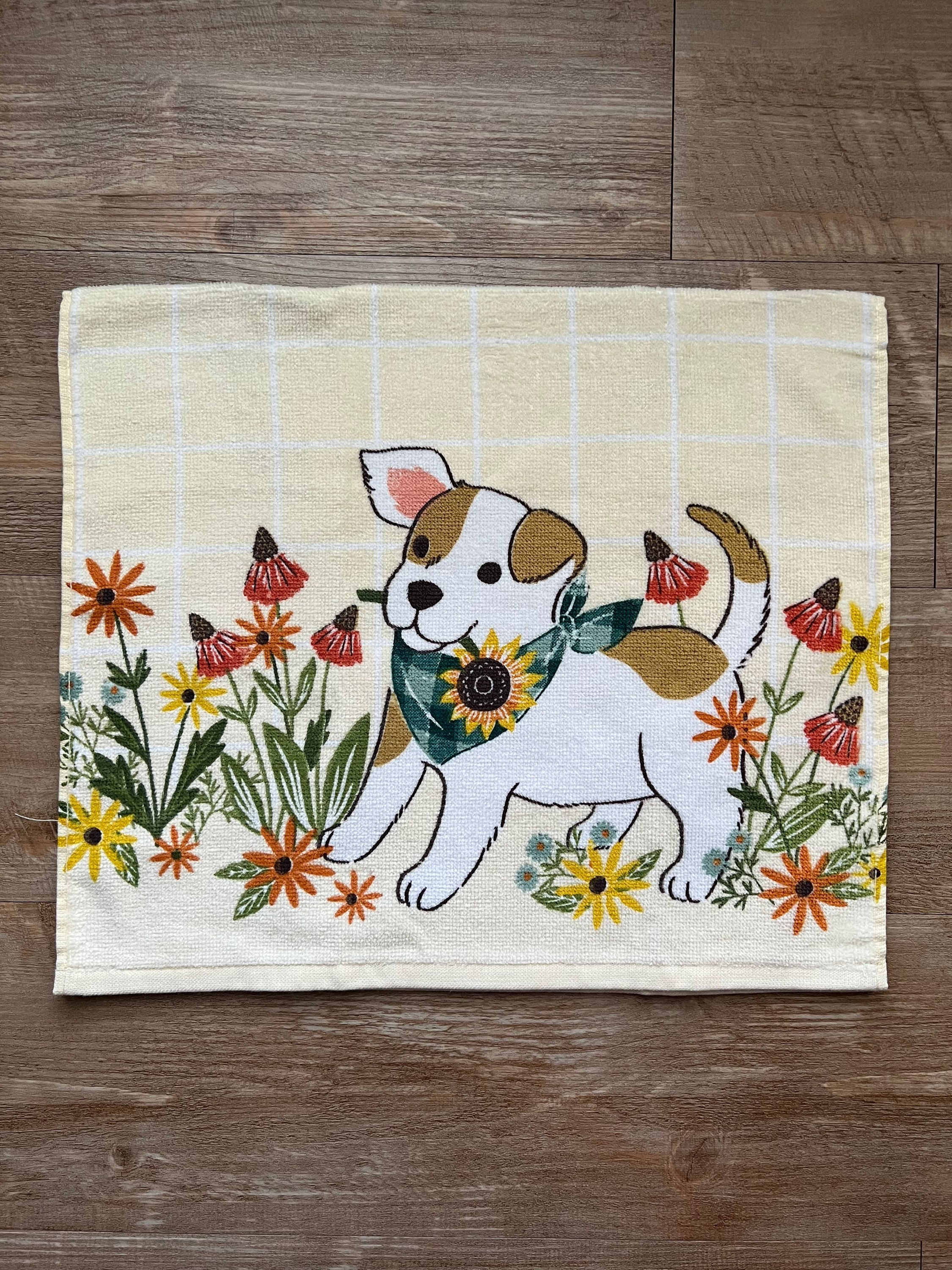 Sunflower Dog Yellow Check Kitchen Towel
