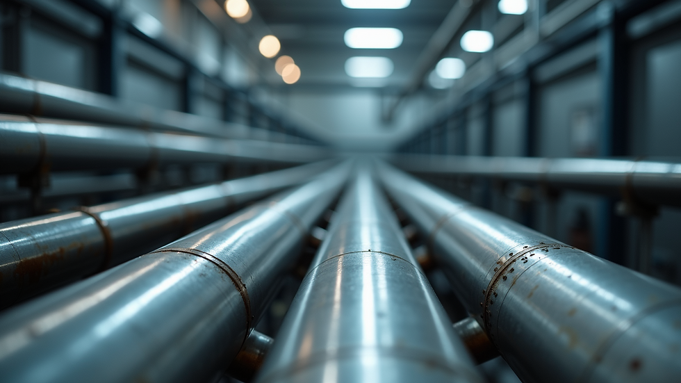 Eye-level view of stainless steel pipes in industrial setting