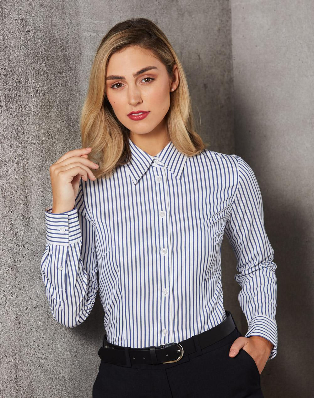 Ladies Sateen Stripe Long Sleeve Shirt