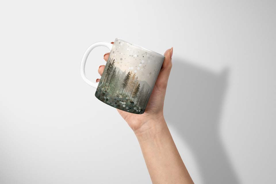 Thumbnail: Abstract Mountain Range Mug, sunset abstract pine forest image wrap around, on white mug, greens and light oranges, scenic, forest side showing in hand