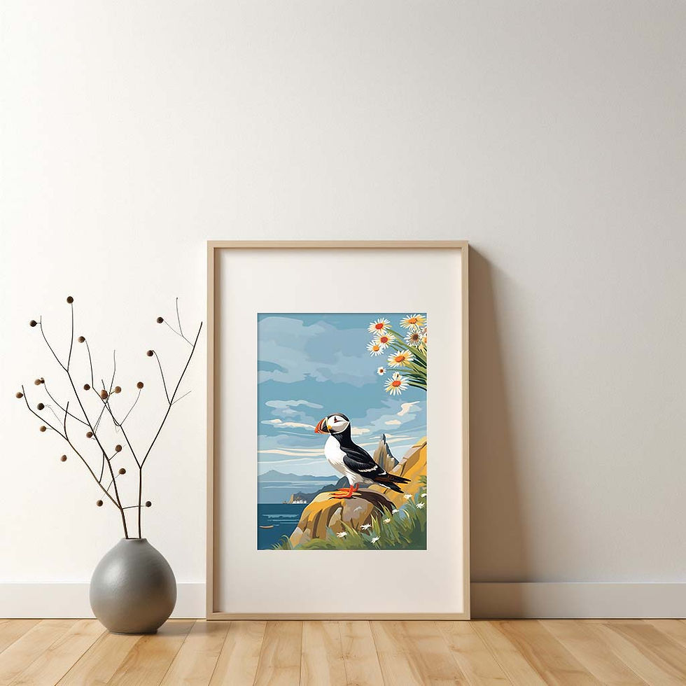 Thumbnail: Coastal Puffin Wall Print with flowers, Puffin on cliff, daisies, smaller framed print