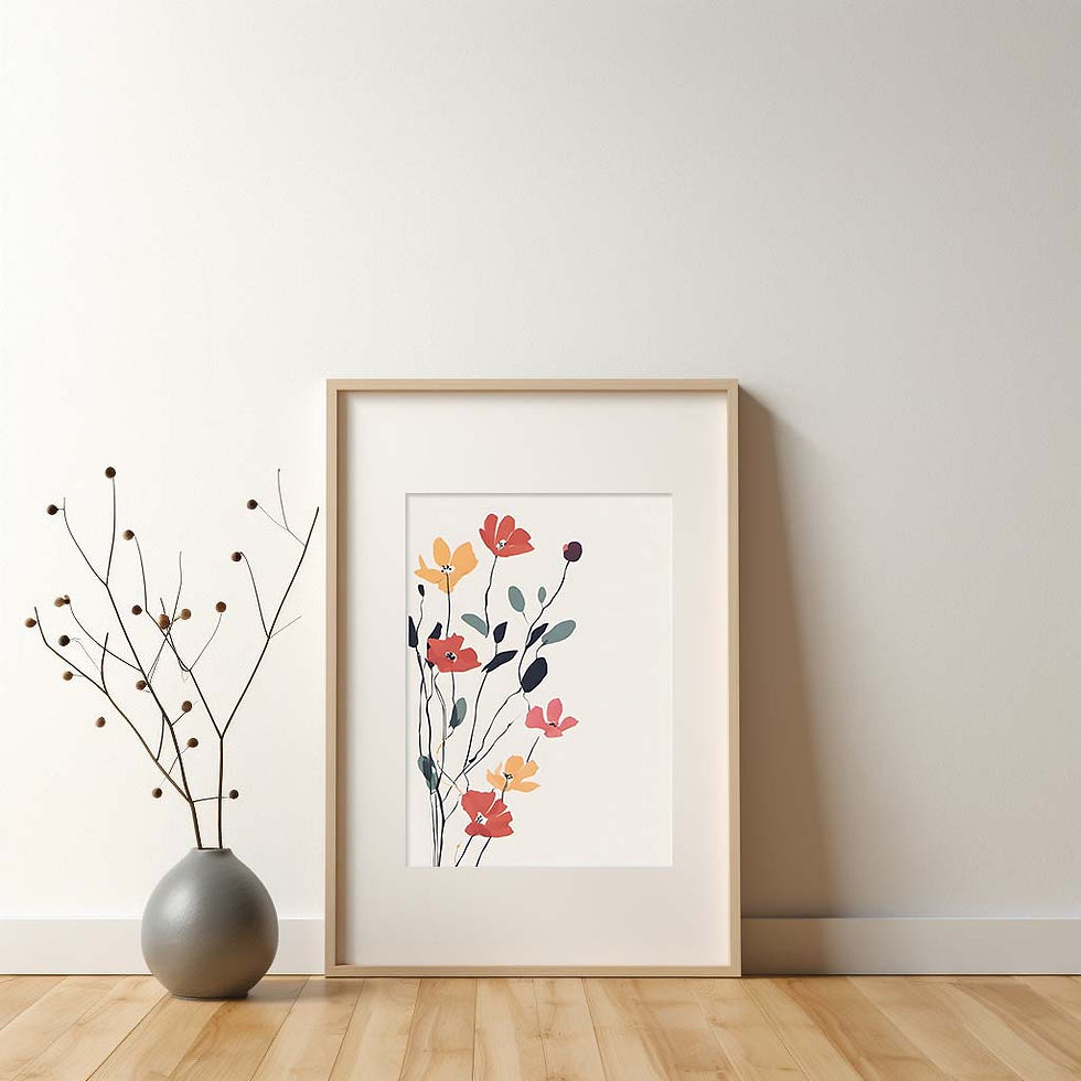 Thumbnail: Floral Minimal Wall Art, very simplistic, beige background, sprigs of flowers to the left of design, leaning against wall, smaller framed item